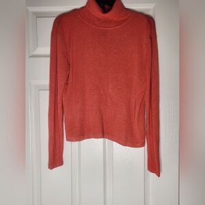 August Silk Knits L Orange Ribbed 100% SILK Lngslvs Turtleneck Women's Sweater